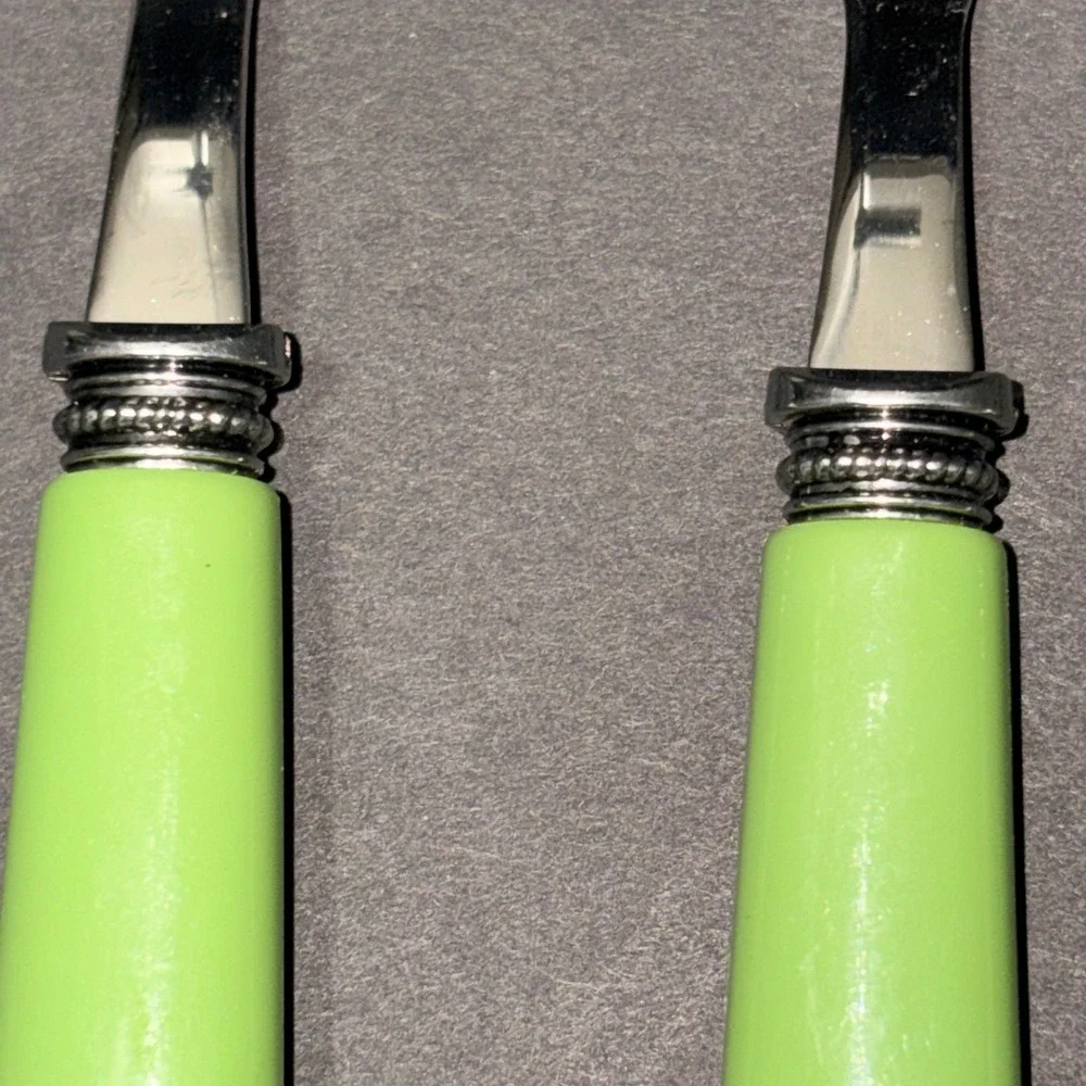 Set/4 Light Green Resin Handle Stainless Steel Salad Forks Beaded Bolster 6.75